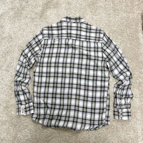 Horny Toad Tan Gray White Plaid Gathered Back Flannel Shirt Size S - Picture 6 of 9